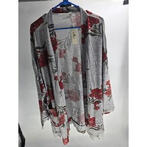 Agnes Orinda Womens 3X Floral Cardigan Grey Red Open Front Longline Pocket New
